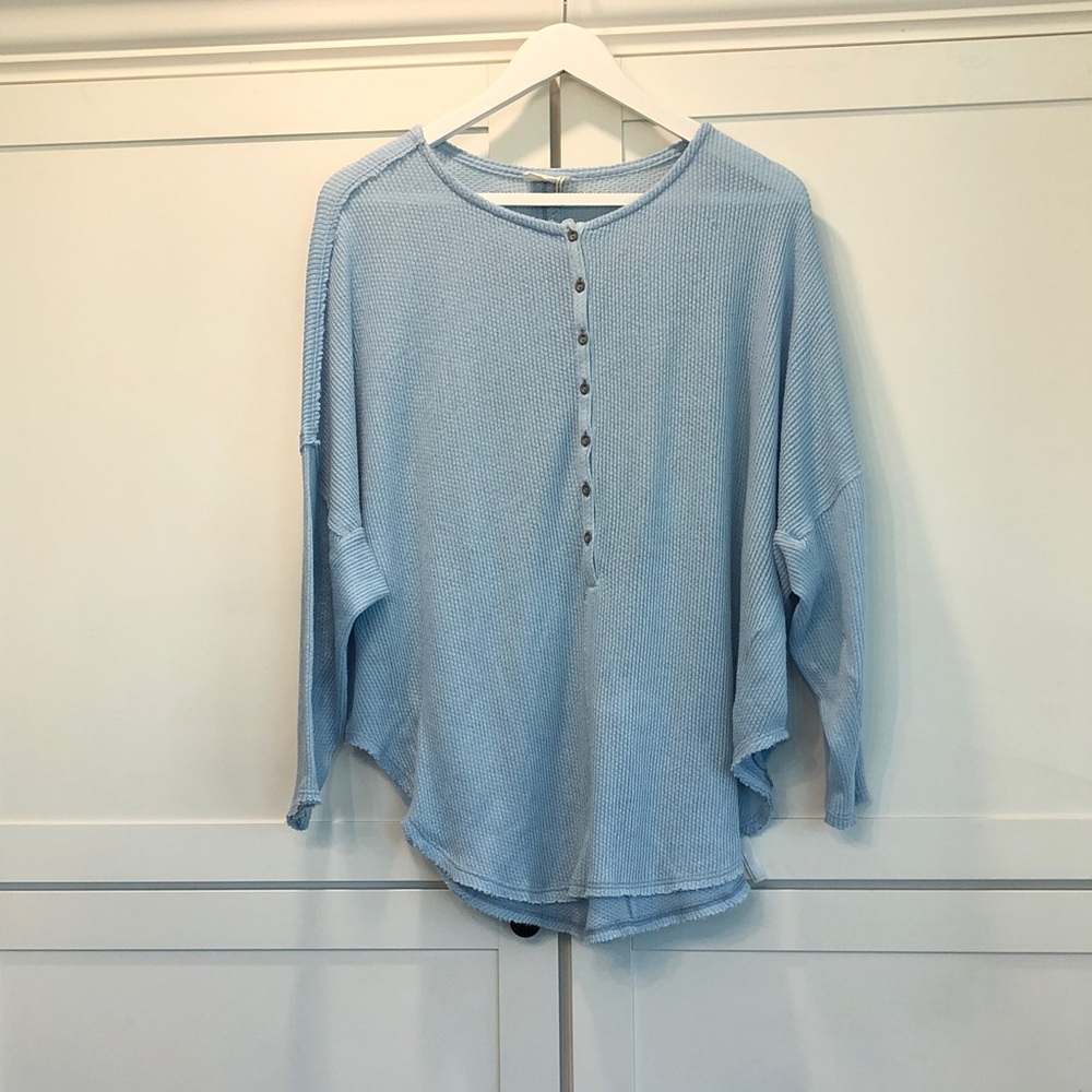 Out from Under Urban Outfitters Pale Blue Waffle Henley Long Sleeve Top